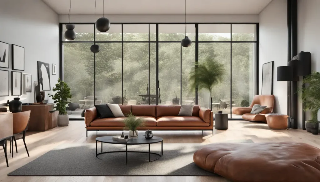 Design de interiores moderno e elegante com sala de estar de plano aberto, mobiliário minimalista e ampla luz natural, destacando a arte da arquitetura no design de interiores.