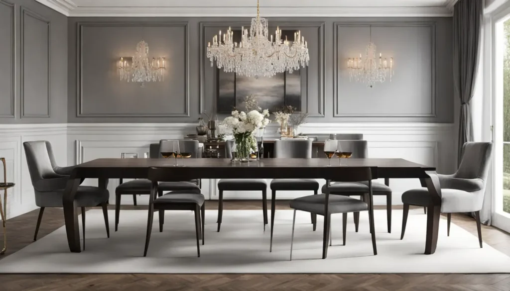 Uma sala de jantar elegante destacando uma mesa com detalhes sofisticados, perfeita para refletir estilo pessoal e para o artigo 'Elegância à Mesa'.