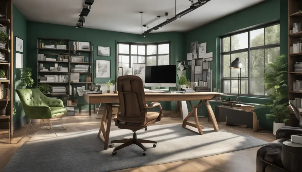 Escritório de arquitetura moderno com mesa de projetos, modelos 3D de casas, computador com software de design e cadeira verde para clientes.