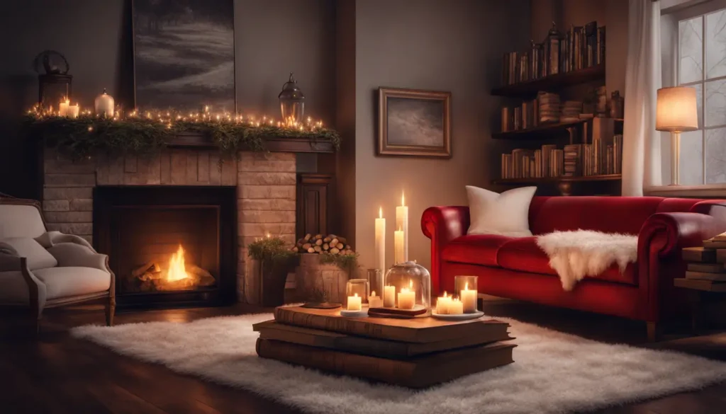 Sala de estar aconchegante de inverno com sofá vermelho, lareira acesa, e detalhes que aquecem o ambiente, ideal para dicas de decoração de interiores.