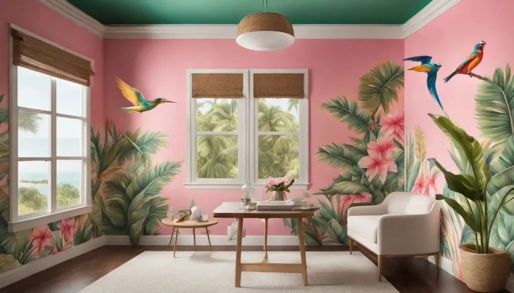 Interior de sala com papel de parede personalizado de tema tropical, folhas de palmeira e aves coloridas, ao lado de janela com moldura branca.