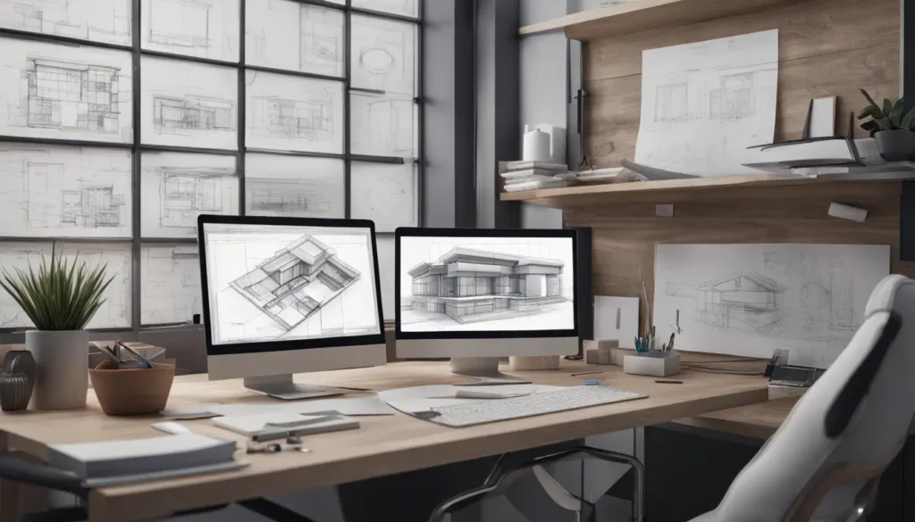 Una estación de trabajo de arquitecto con software de inteligencia artificial, que incluye dibujos arquitectónicos y modelos 3D.