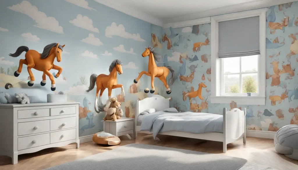 Quarto infantil espaçoso com papel de parede colorido de animais, cama infantil branca e cavalo de balanço de madeira.
