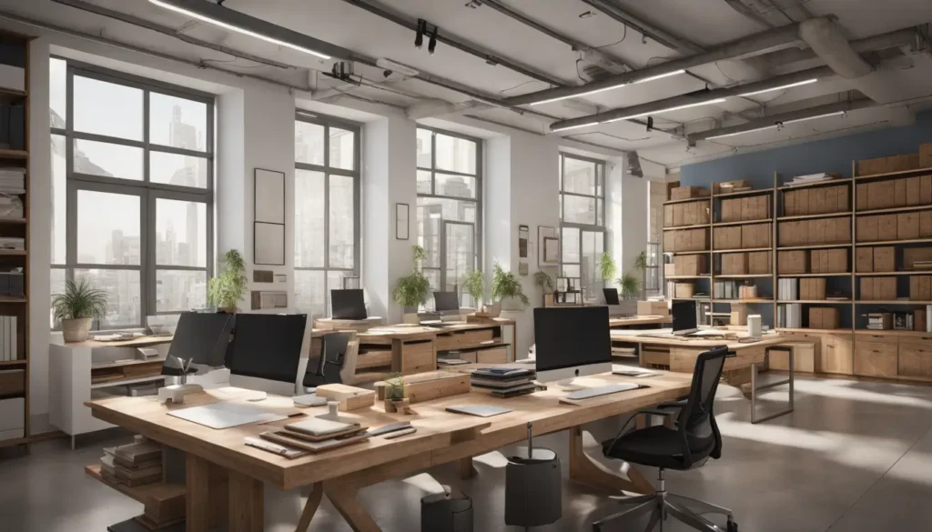 Oficina de arquitectura bien organizada con planos sobre mesa de madera, maquetas de construcción y mucha luz natural.