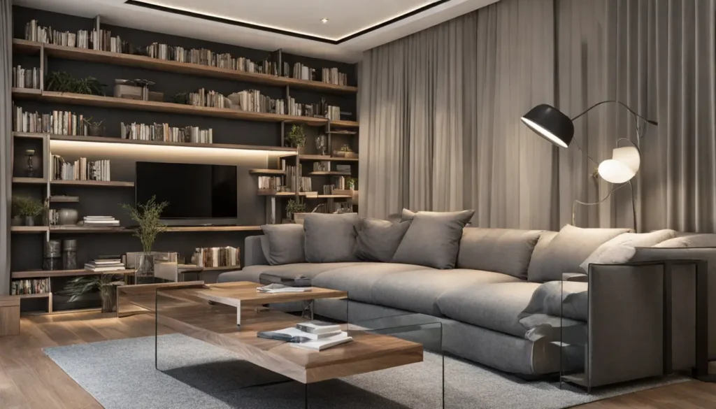 Imagem de uma sala de estar planejada com móveis elegantes e funcionais, destacando um sofá de canto e estante embutida, perfeita para inspirar a escolha do móvel dos sonhos.