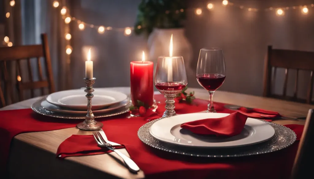 Scena romantica con tavolo rotondo in legno, tovaglia rossa, candele bianche e luci soffuse, ideale per San Valentino.