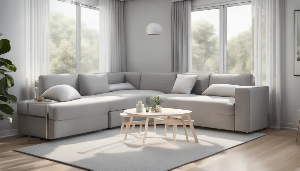 Interior de salón moderno y pequeño con muebles diseñados para optimizar el espacio, incluido un sofá con almacenaje y mesa plegable.