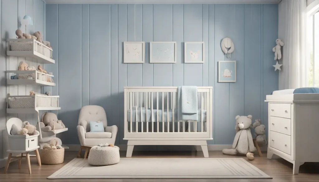 Organized baby room with white crib, breastfeeding armchair and wooden changing table, soft lighting.