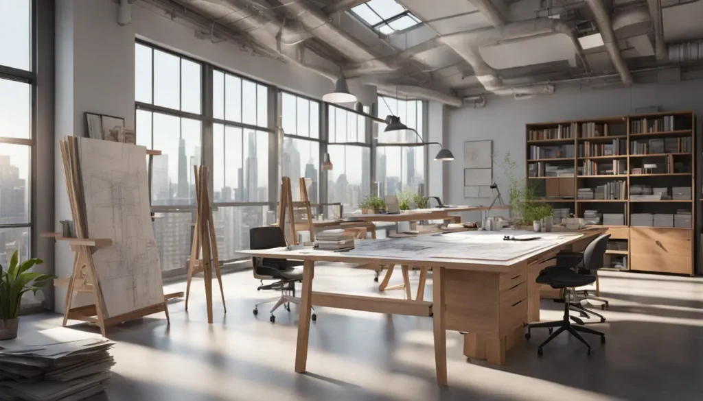 Ufficio di architettura moderna con tavolo da disegno e modelli di edifici sostenibili, illuminazione naturale e viste sulla città.