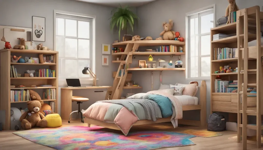 Quarto moderno com cama alta de madeira clara com escrivaninha e estantes embaixo, e cama infantil colorida ao lado com tapete lúdico e brinquedos.