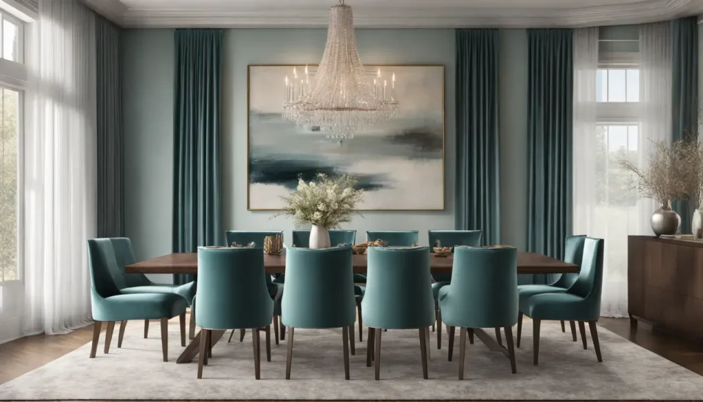 Sala de jantar elegante com mesa de madeira, cadeiras de veludo teal, lustre de cristal e janela ampla com cortinas.