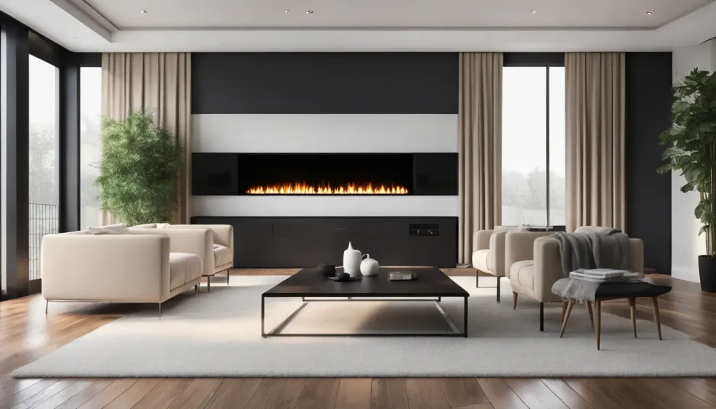Lareira de pedra elegante com fogo aceso no centro de uma sala de estar aconchegante, com sofá e poltronas bege, ideal para escolher a lareira perfeita para seu lar.
