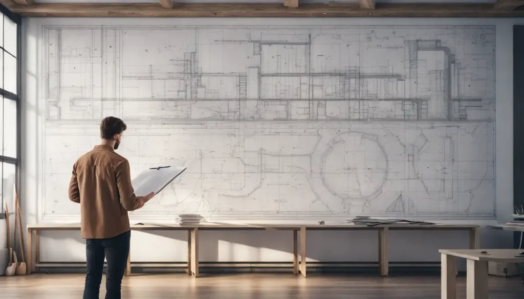 Jeune architecte analysant un plan architectural dans un bureau moderne, représentant le début d'une carrière en architecture sans expérience.