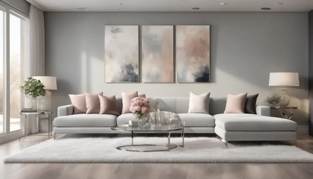 Imagem de uma sala de estar elegante com sofá seccional contemporâneo em veludo cinza claro, mesa de centro redonda de vidro e tapete branco.