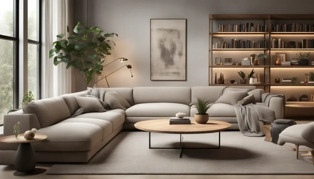 Decoração de sala de estar moderna com sofá seccional bege, mesa de café de vidro, tapete cinza, poltronas estilo moderno de meados do século e prateleiras de madeira com plantas.