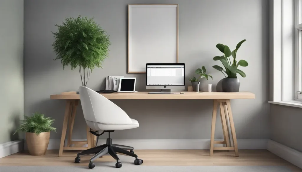 Image d'un bureau moderne et élégant avec un bureau en chêne, une chaise ergonomique noire, un ordinateur portable argenté et des décorations fonctionnelles.