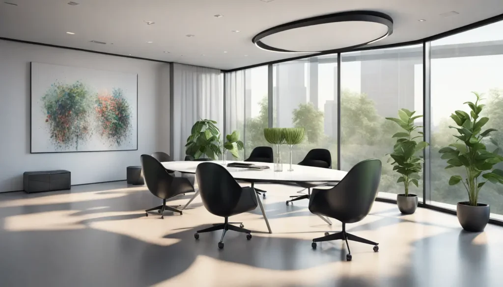 Escritório moderno e funcional com mesa de vidro, cadeiras pretas e plantas, ideal para ambientes empresariais estilosos.