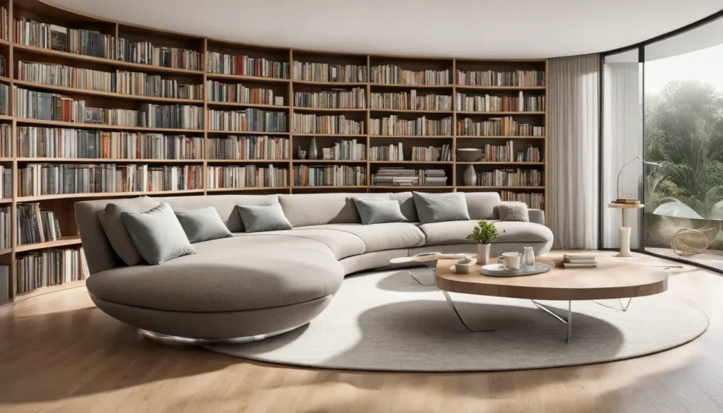 Soggiorno moderno con divano componibile unico adattato alla parete curva, libreria attrezzata e tavolino minimalista.