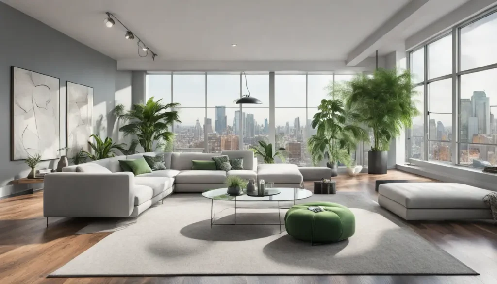 Design de interiores moderno com sofá cinza, mesa de café branca, plantas verdes e arte abstrata nas paredes.