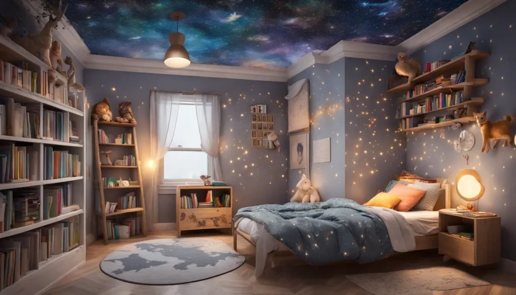 Habitación infantil mágica con techo de cielo estrellado, cama de madera, estanterías con libros y alfombra estampada con un mapa.