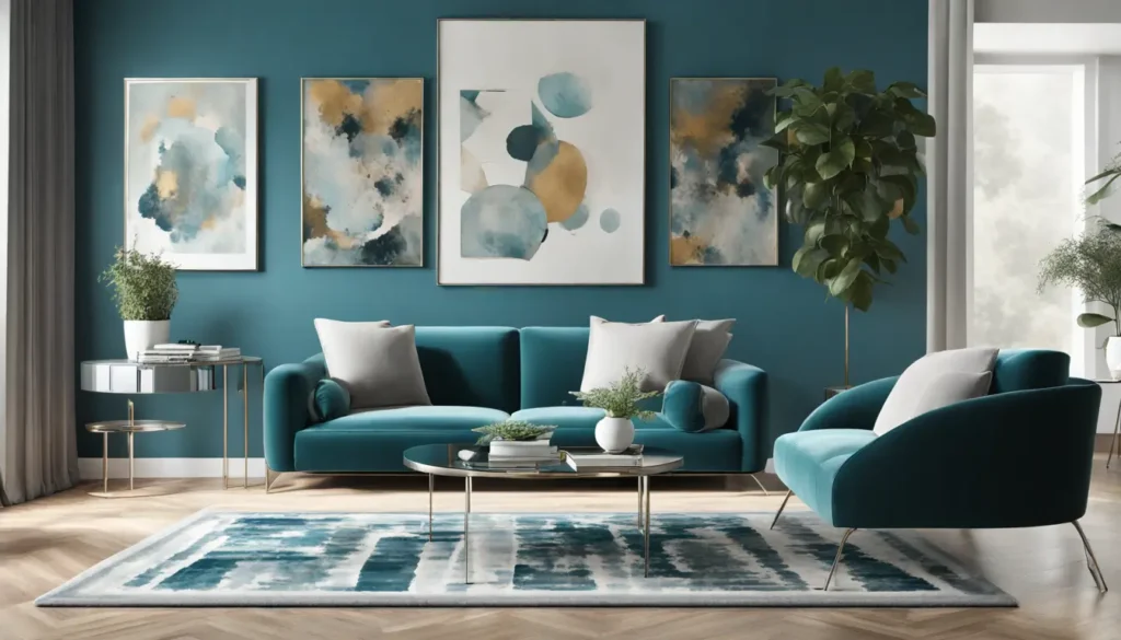 A modern living room with a teal velvet sofa, glass coffee table and abstract painting in shades of blue, gold and white.