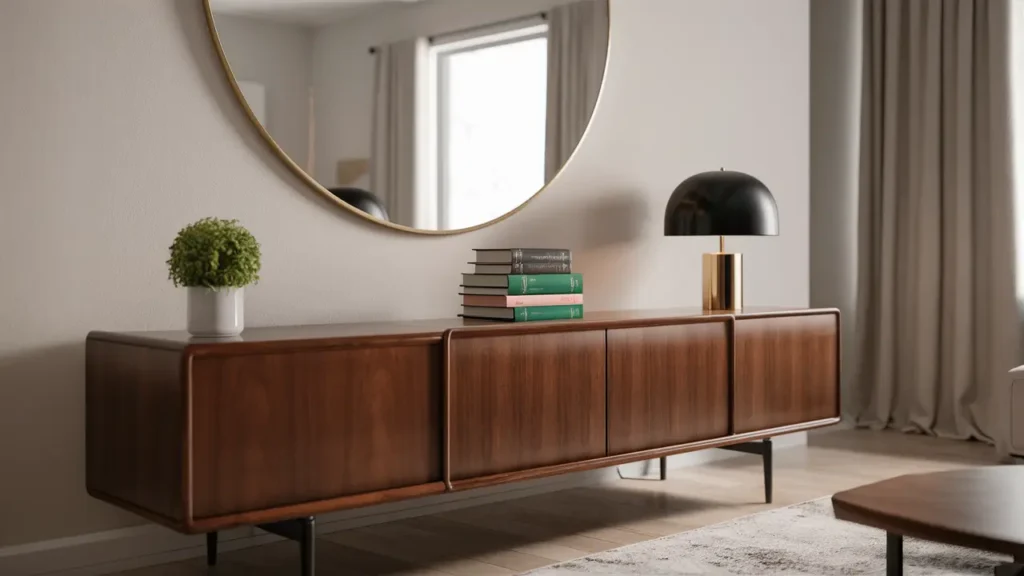 Aparador moderno de madeira com planta, livros e abajur minimalista sob espelho redondo em sala de estar.