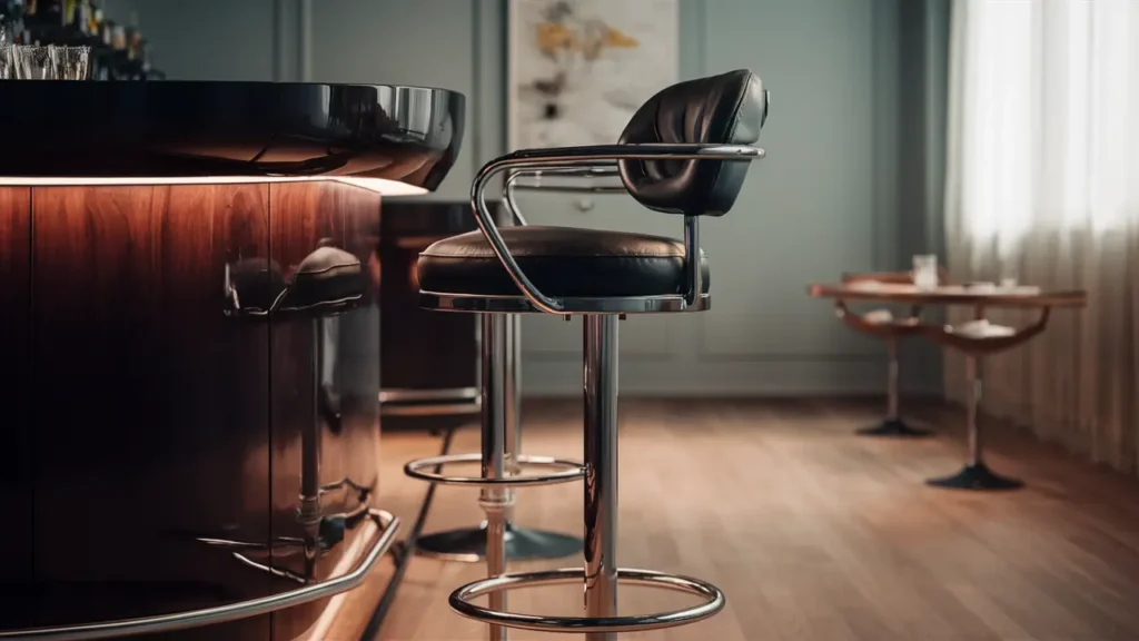 Banqueta de alto padrão com base cromada e assento em couro preto em um bar elegante e bem iluminado.