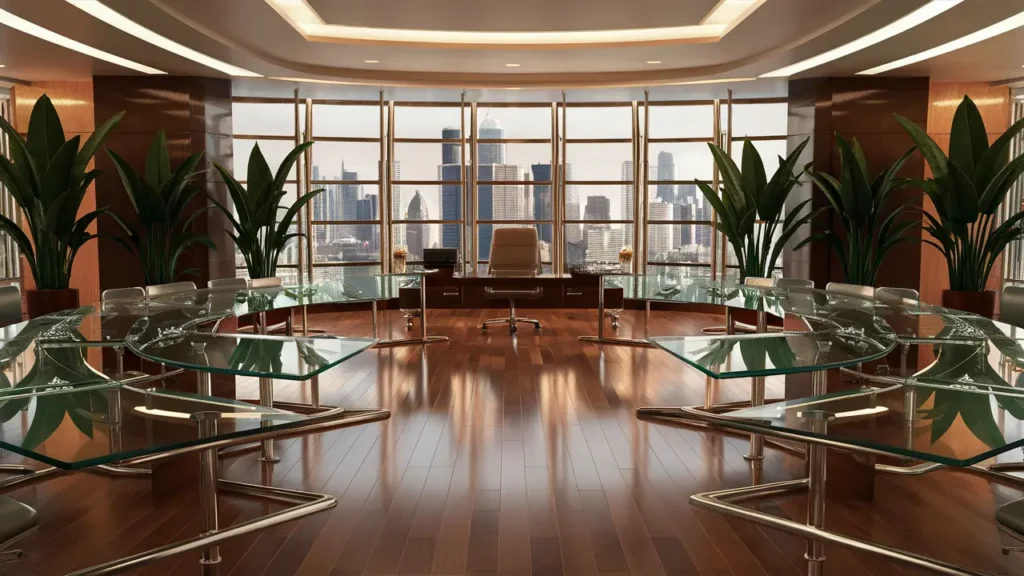 Modern office with glass desks, large plants and a panoramic window overlooking the city skyline.