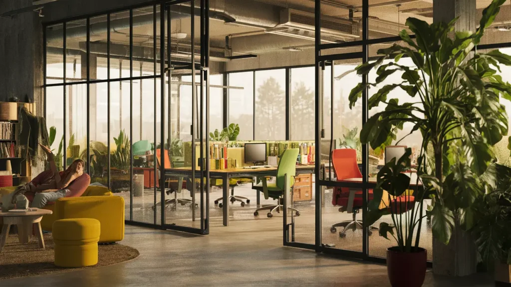 Espaço de escritório moderno com paredes de vidro, móveis coloridos e plantas iluminados por luz natural.