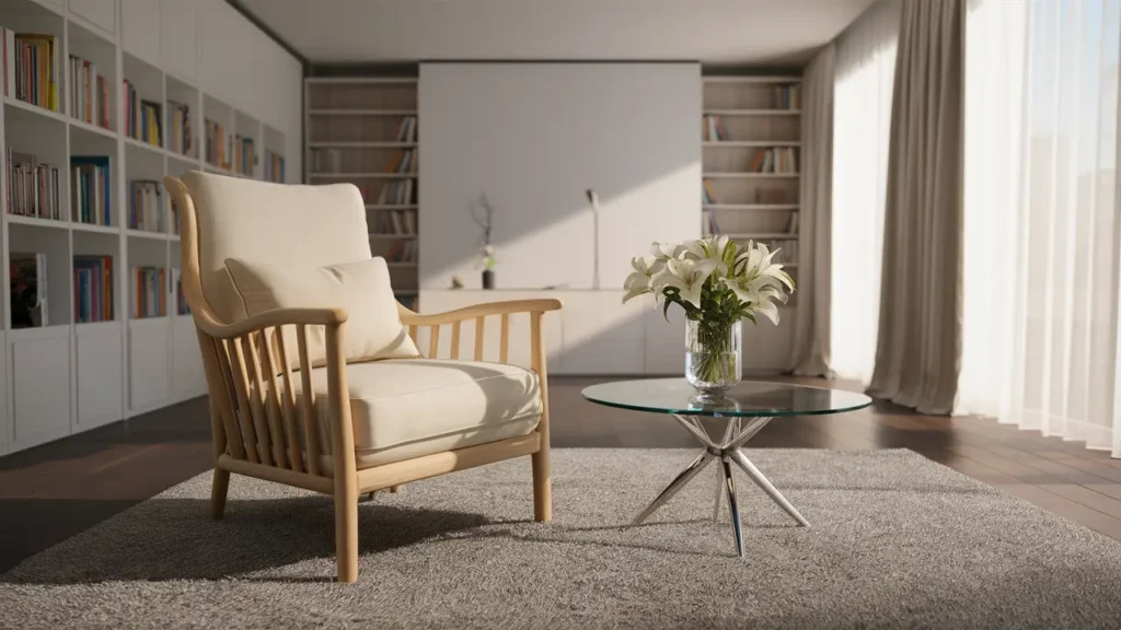 Poltrona de madeira clara e almofadas creme em sala moderna com mesa de vidro e prateleira ao fundo.