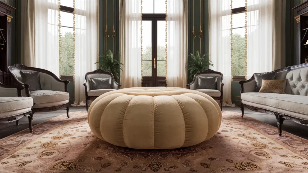 Salon luxueux avec pouf en velours crème entouré de meubles en bois foncé et d'un tapis persan en soie.