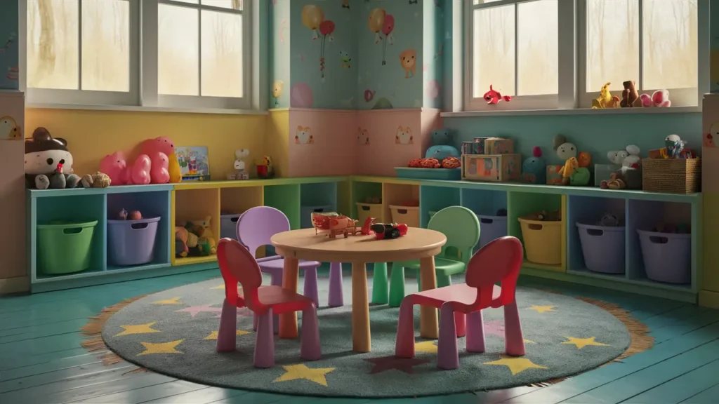 Quarto infantil com mesa redonda, cadeiras coloridas, tapete estampado, prateleiras com brinquedos e paredes decoradas.