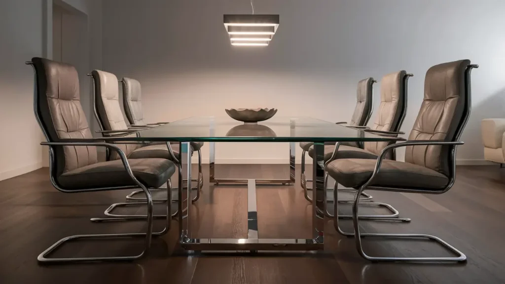 Moderna sala da pranzo con tavolo in vetro e sedie in pelle grigia su pavimento in legno scuro.