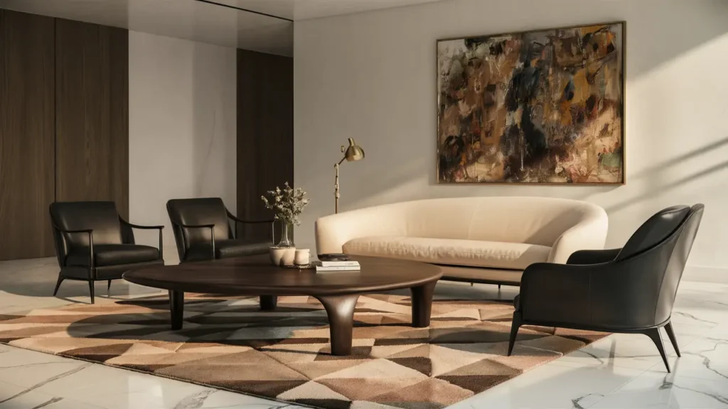 Moderna sala de estar con mesa de centro de madera oscura, sofá crema, sillones negros y alfombra geométrica.