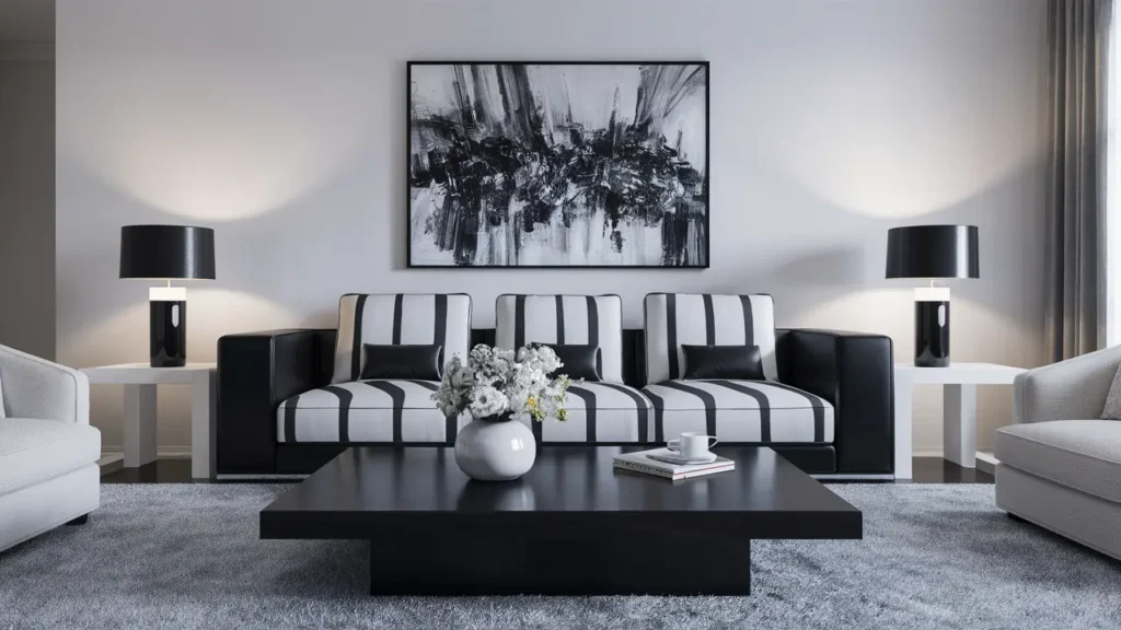 Modern living room with black and white sofa, black coffee table, and minimalist lamps on white side tables.
