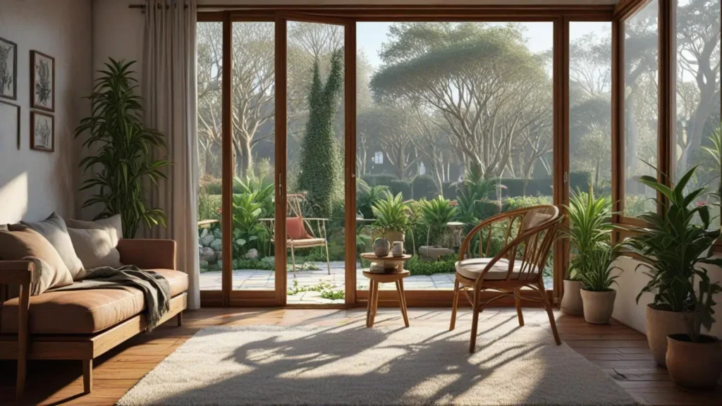 Jardin d'hiver intérieur cosy avec plantes vertes, fontaine en pierre et banc en bois sous une lumière douce.